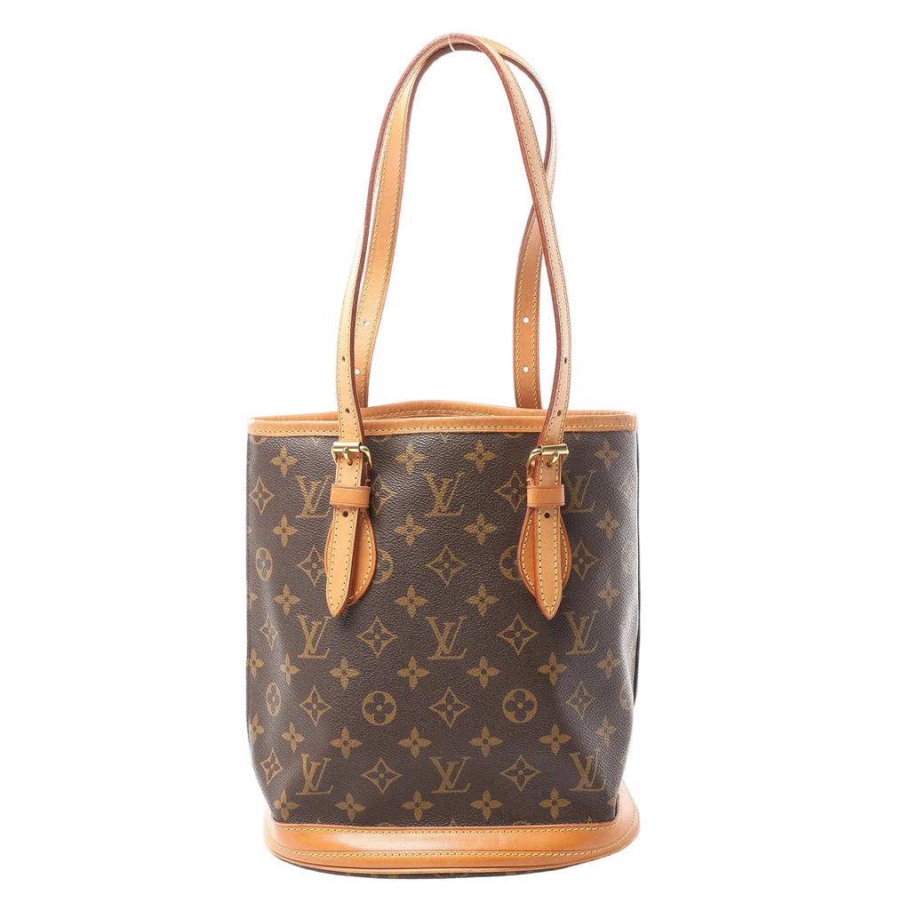 Louis Vuitton Bucket PM shoulder bag in brown Monogram canvas with natural leather trim, adjustable double shoulder straps, and structured bucket silhouette.