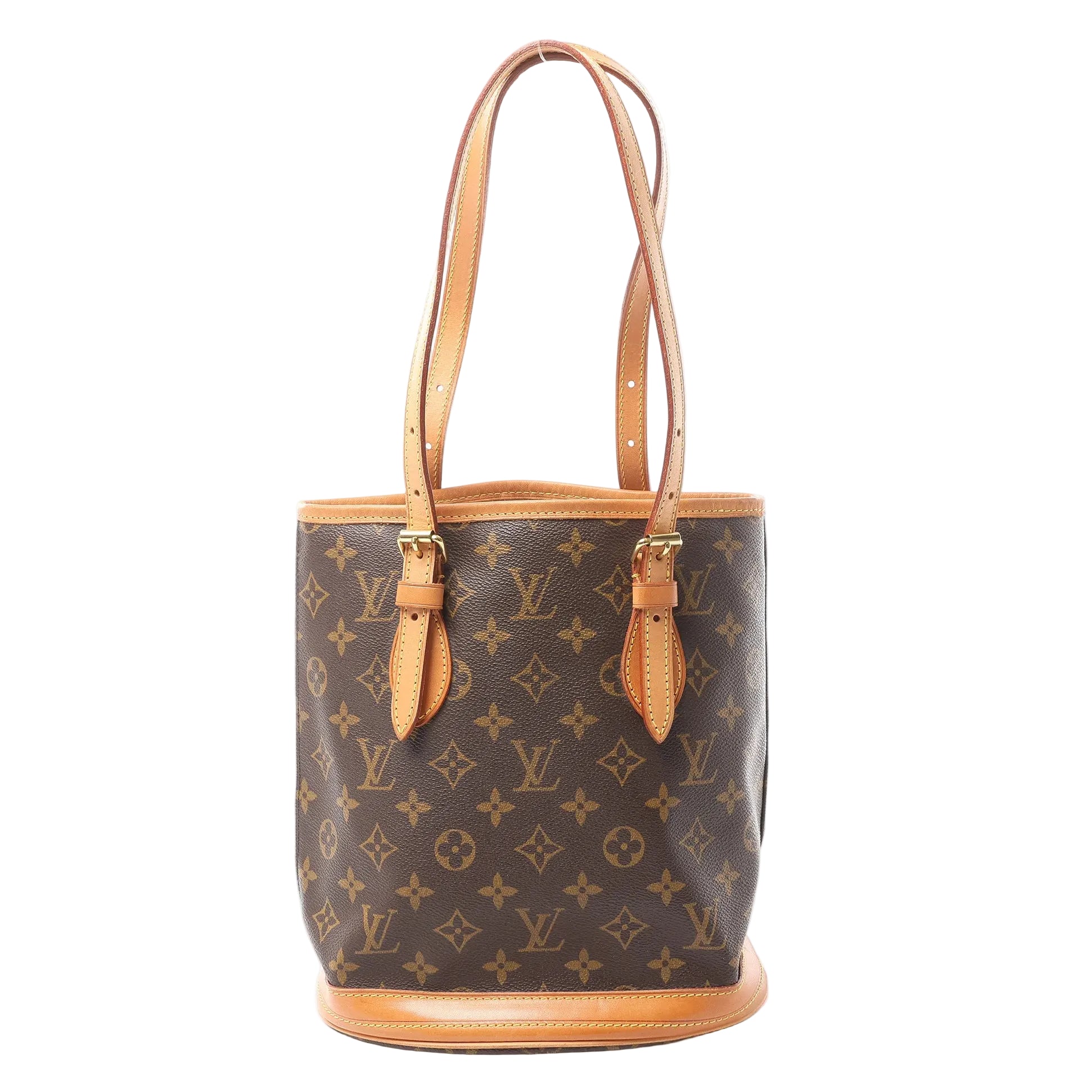 Louis Vuitton Bucket PM shoulder bag in brown Monogram canvas with natural leather trim, adjustable double shoulder straps, and structured bucket silhouette.