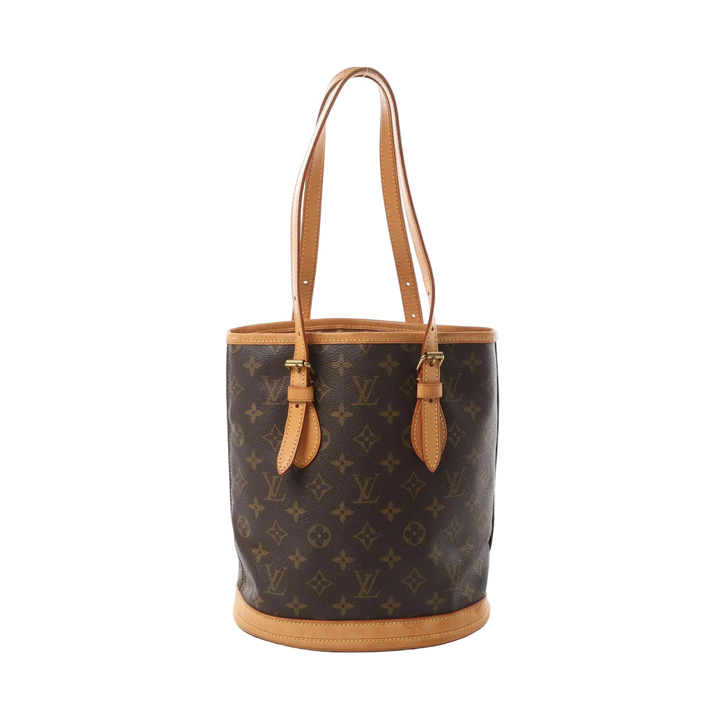 Front view of Louis Vuitton Bucket PM bag in brown Monogram canvas with vachetta leather trim base, adjustable tan leather shoulder straps, and side strap details.