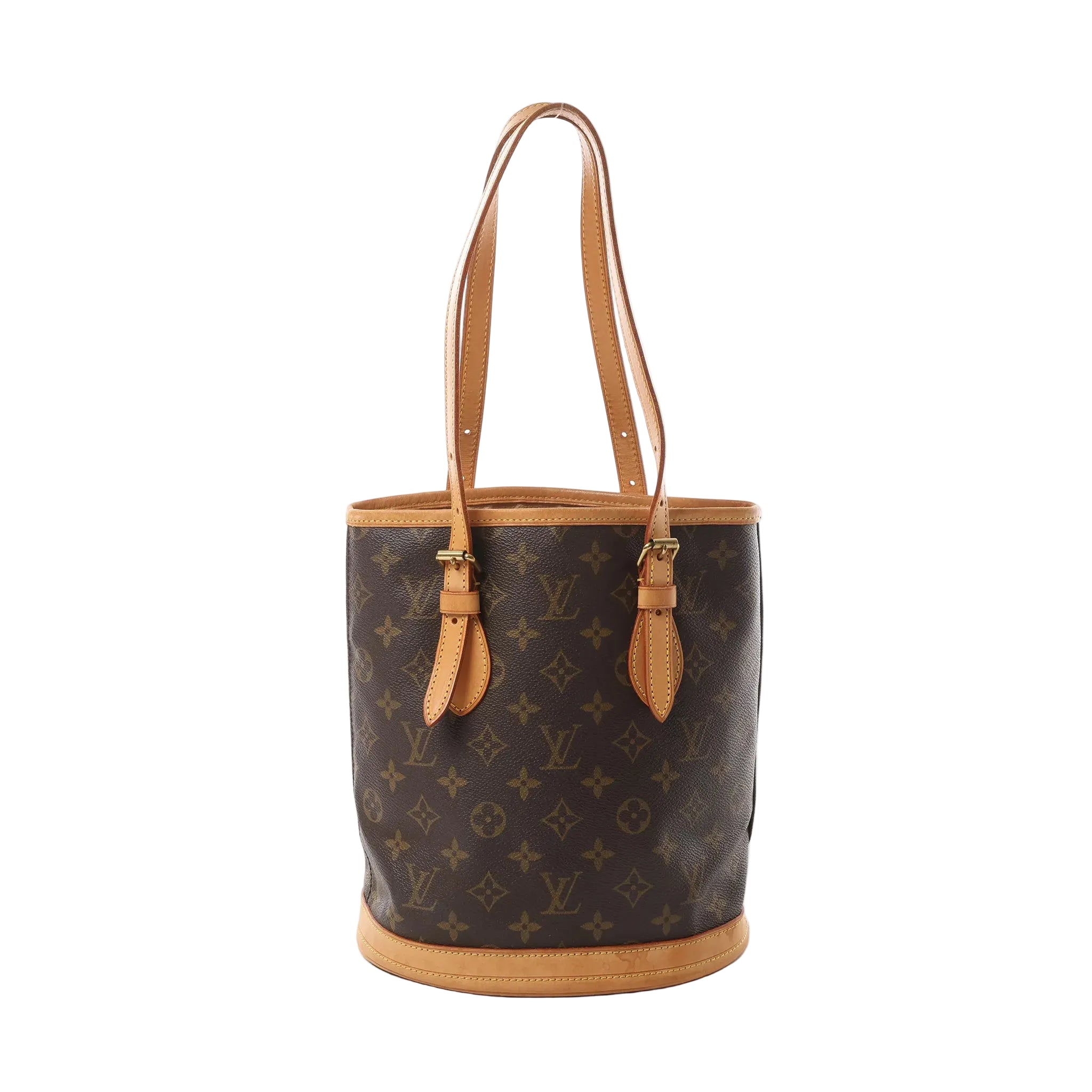 Front view of Louis Vuitton Bucket PM bag in brown Monogram canvas with vachetta leather trim base, adjustable tan leather shoulder straps, and side strap details.