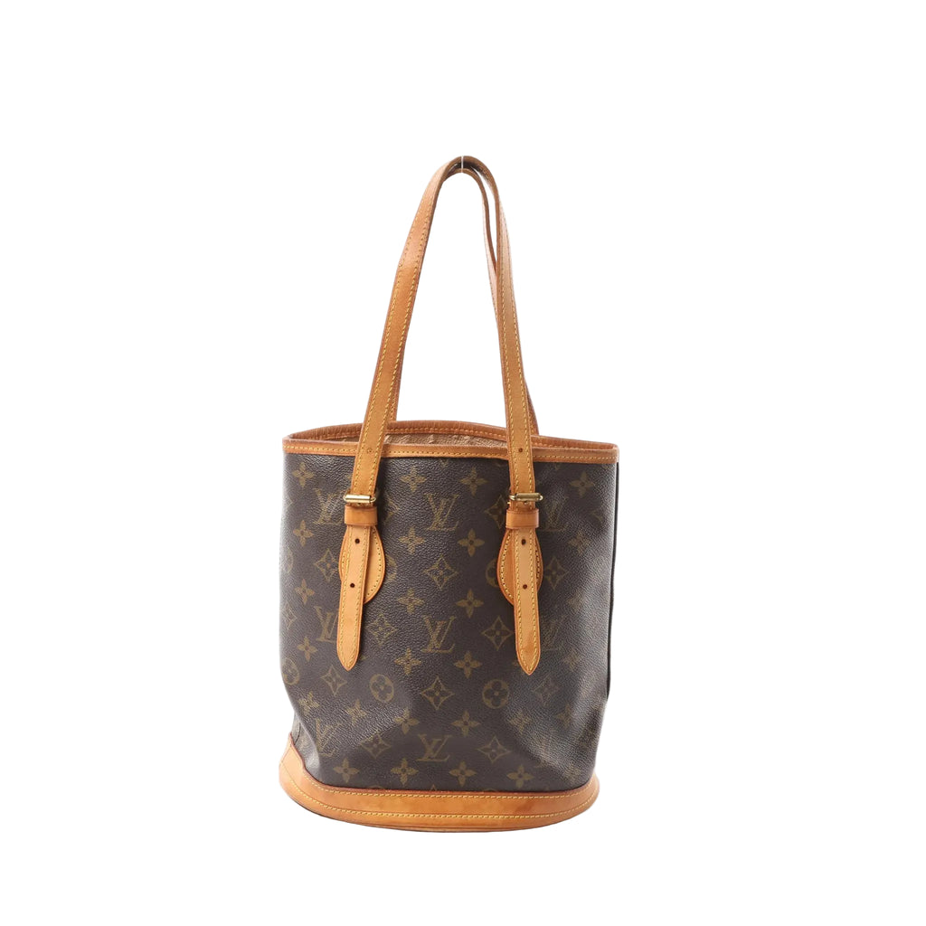 Louis Vuitton Monogram canvas Bucket PM shoulder bag with tan vachetta leather trim, adjustable leather shoulder straps, and vachetta leather base