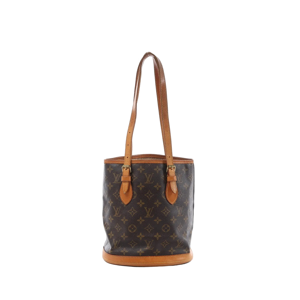 Louis Vuitton Bucket PM shoulder bag in brown Monogram canvas with tan leather trim, long adjustable straps and a round structured base.