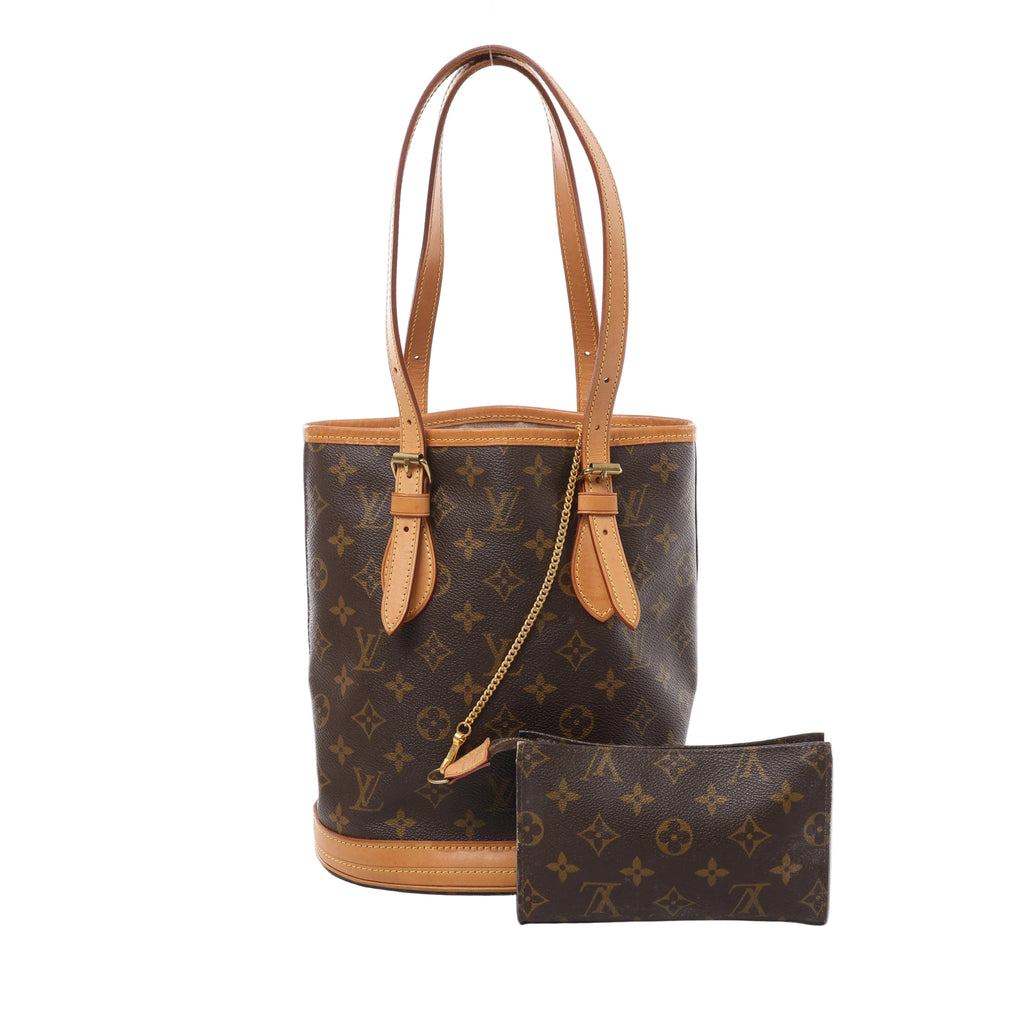 Brown Louis Vuitton Bucket PM Monogram bag with tan leather trim, two buckled shoulder straps and a matching pouch attached by a gold-tone chain.