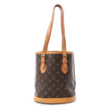 Louis Vuitton Bucket PM shoulder bag in brown Monogram canvas with tan leather trim, long adjustable straps and a round structured base.