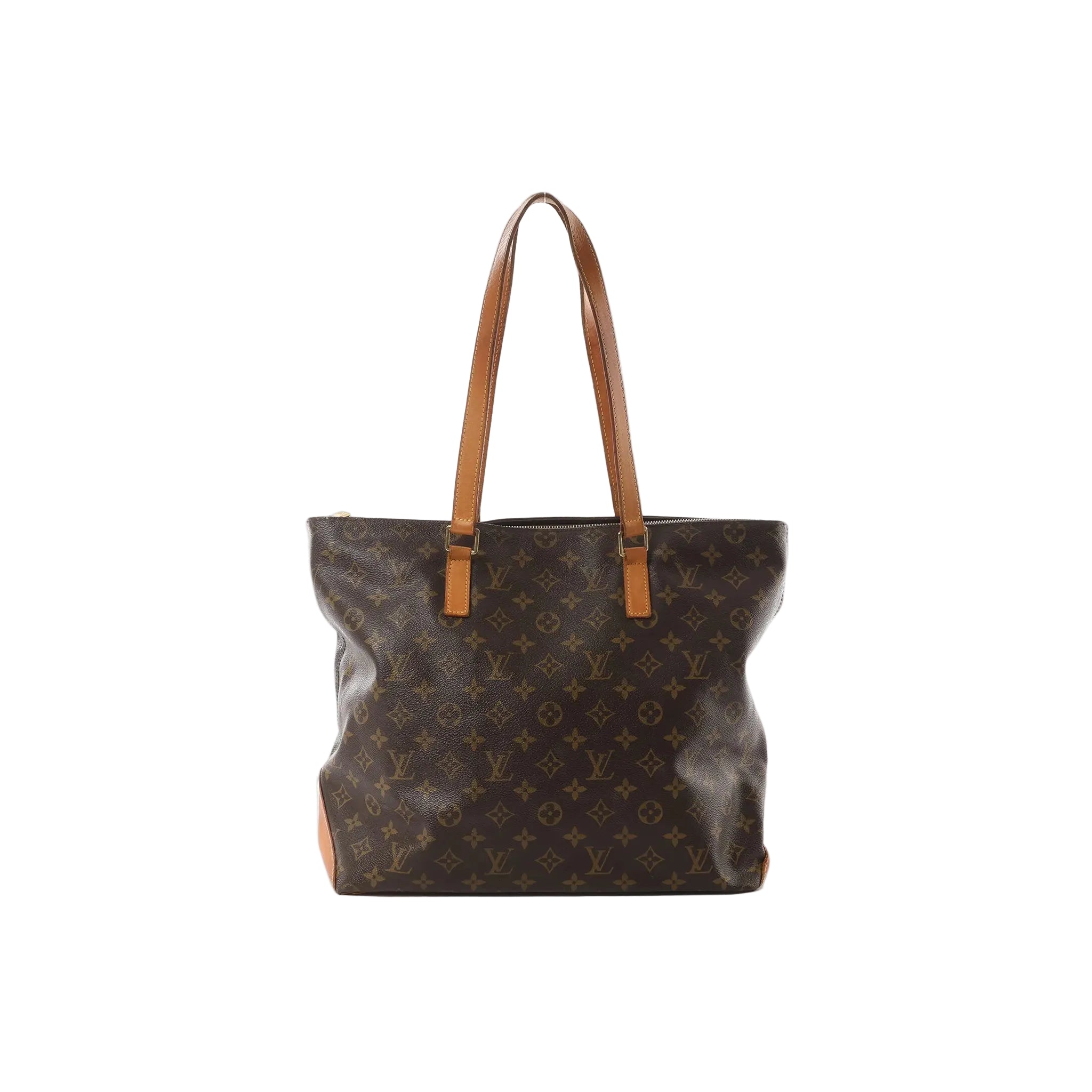 Louis Vuitton Cabas Mezzo brown Monogram canvas tote with tan leather shoulder straps, front view on white background.