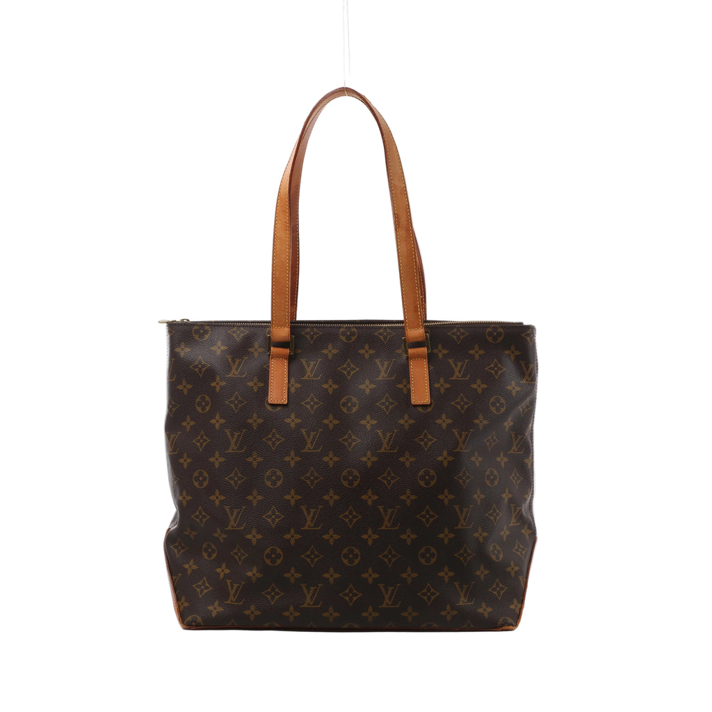 Brown Louis Vuitton Cabas Mezzo Monogram canvas shoulder bag with long tan leather straps, leather trim and zip-top closure.