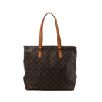Brown Louis Vuitton Cabas Mezzo Monogram canvas shoulder bag with long tan leather straps, leather trim and zip-top closure.