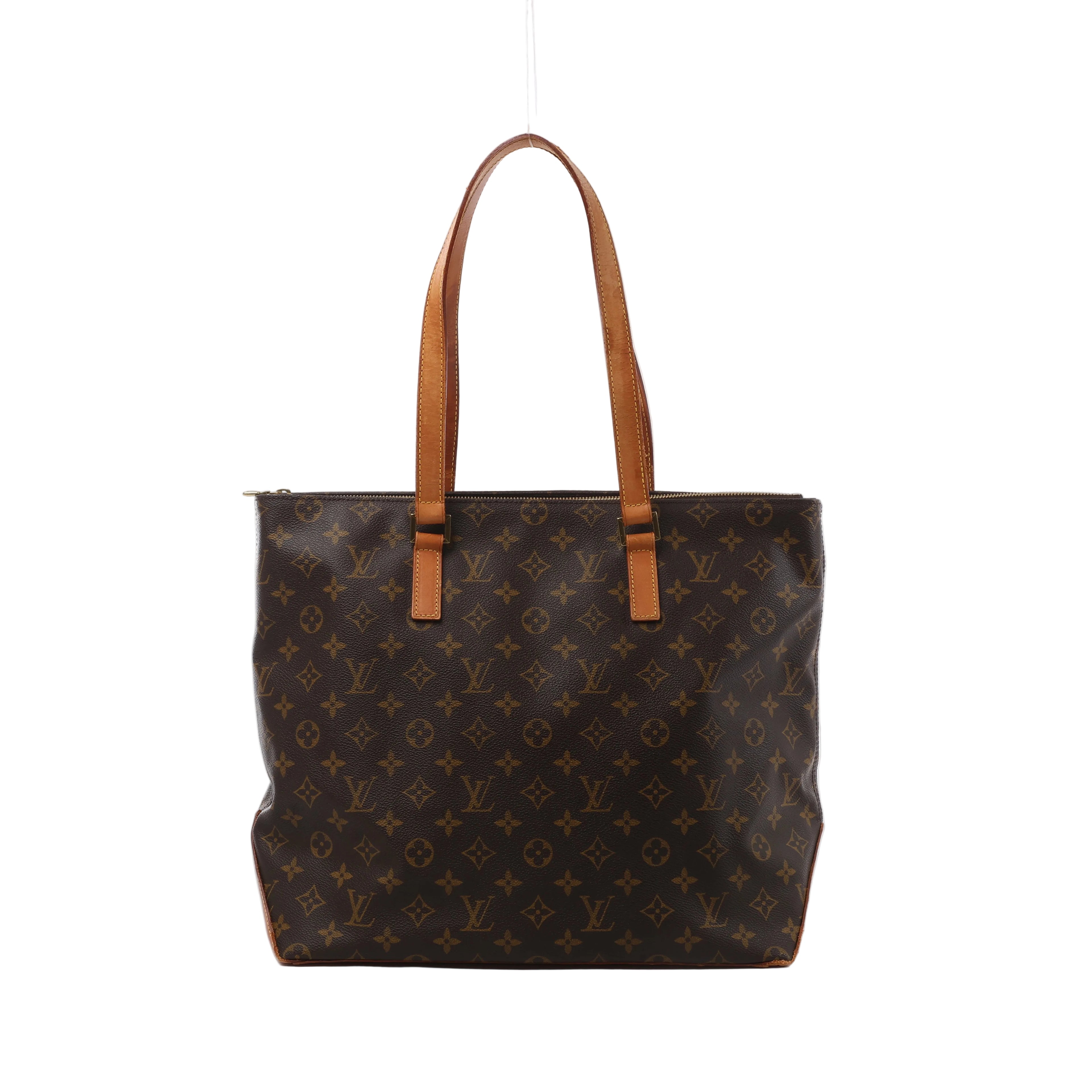 Brown Louis Vuitton Cabas Mezzo Monogram canvas shoulder bag with long tan leather straps, leather trim and zip-top closure.