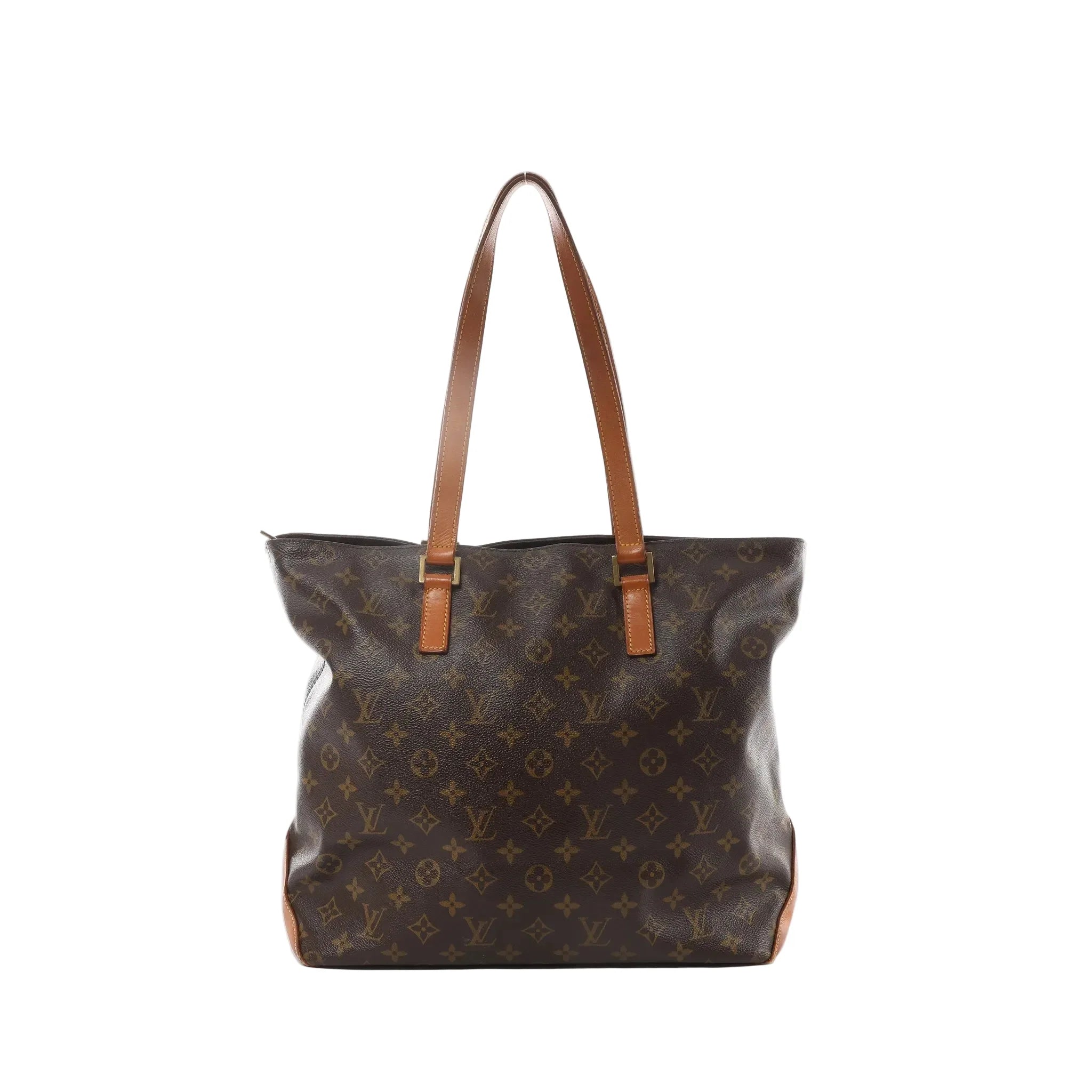 Louis Vuitton Cabas Mezzo brown Monogram canvas shoulder tote with tan leather trim, long shoulder straps, and structured open-top silhouette, front view on white background.