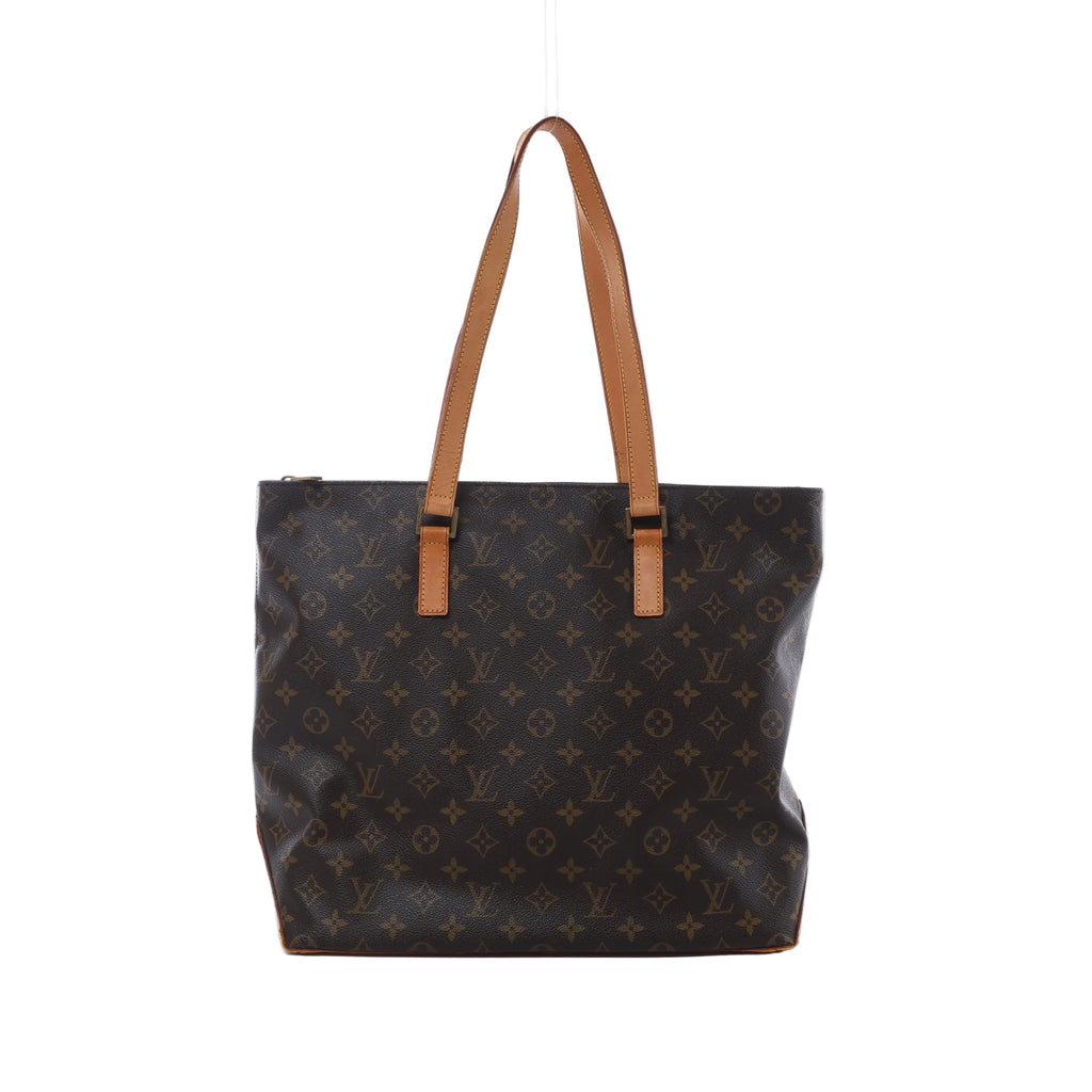 Brown Louis Vuitton Cabas Mezzo Monogram canvas tote bag with long tan leather shoulder handles and gold-tone hardware.