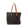 Brown Louis Vuitton Cabas Mezzo Monogram canvas tote bag with long tan leather shoulder handles and gold-tone hardware.