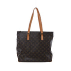 Brown Louis Vuitton Cabas Mezzo Monogram canvas tote bag with long tan leather shoulder handles and gold-tone hardware.