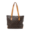 Brown Louis Vuitton Cabas Piano Monogram tote with two long tan leather shoulder straps, gold-tone strap fittings and tan leather base trim.