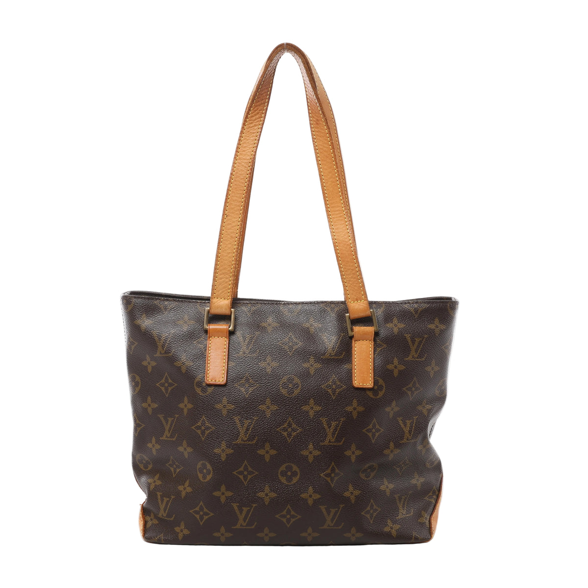 Brown Louis Vuitton Cabas Piano Monogram tote with two long tan leather shoulder straps, gold-tone strap fittings and tan leather base trim.