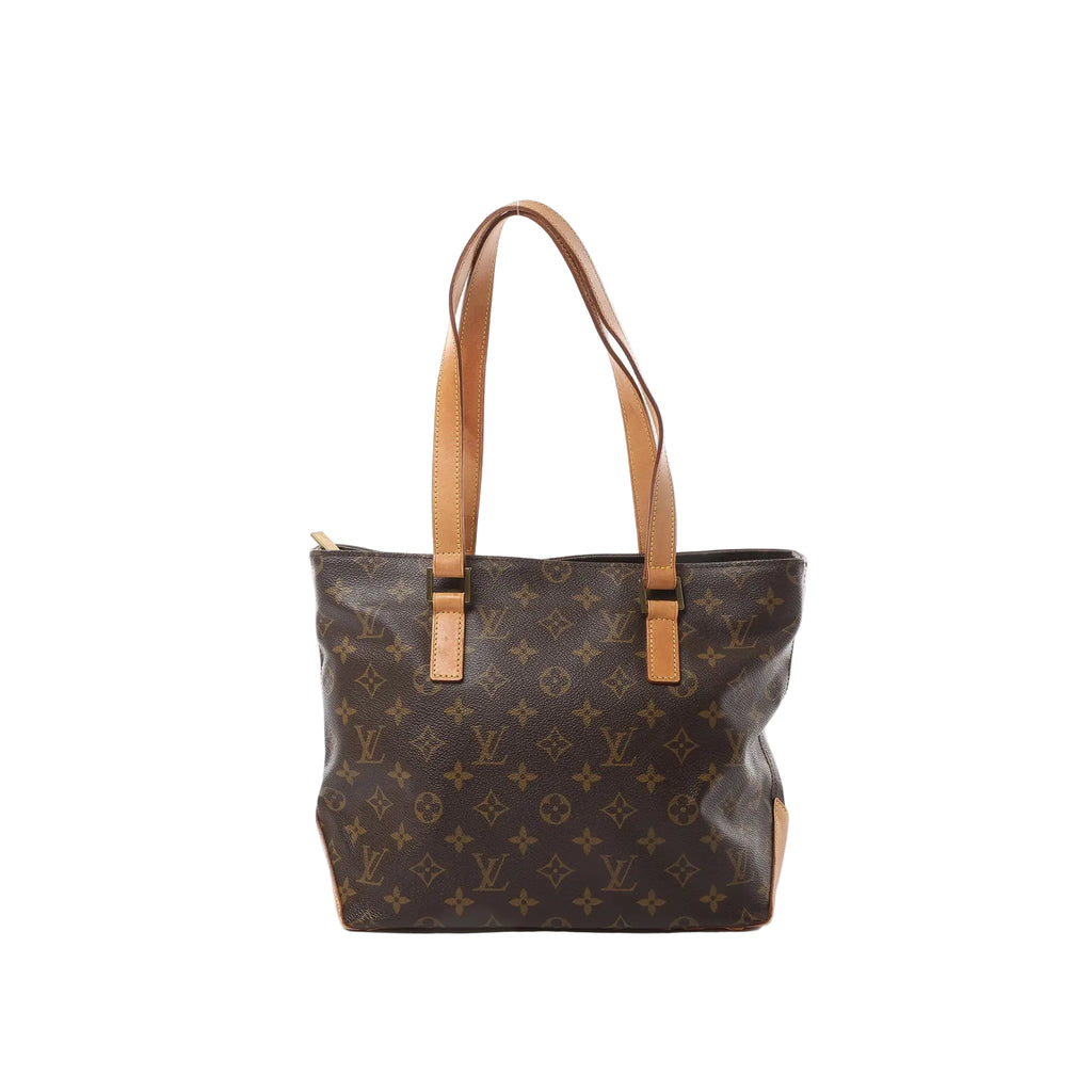 Louis Vuitton Cabas Piano tote in brown Monogram canvas with tan leather shoulder straps on white background