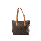 Louis Vuitton Cabas Piano tote in brown Monogram canvas with tan leather shoulder straps on white background