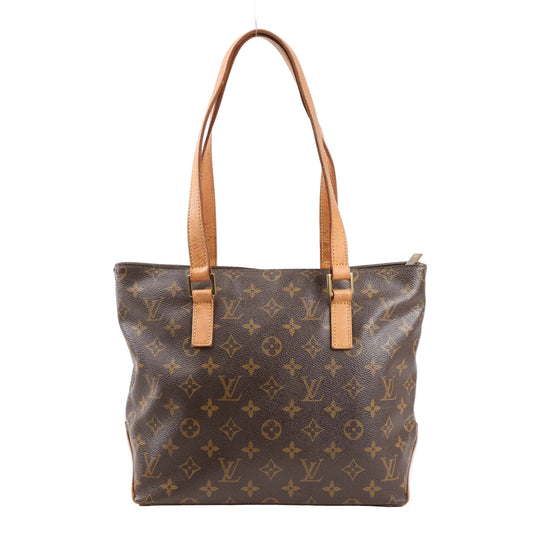 Front view of a Louis Vuitton Cabas Piano shoulder bag in brown Monogram Canvas with natural leather trim, dual flat shoulder straps, and a zip-top closure.