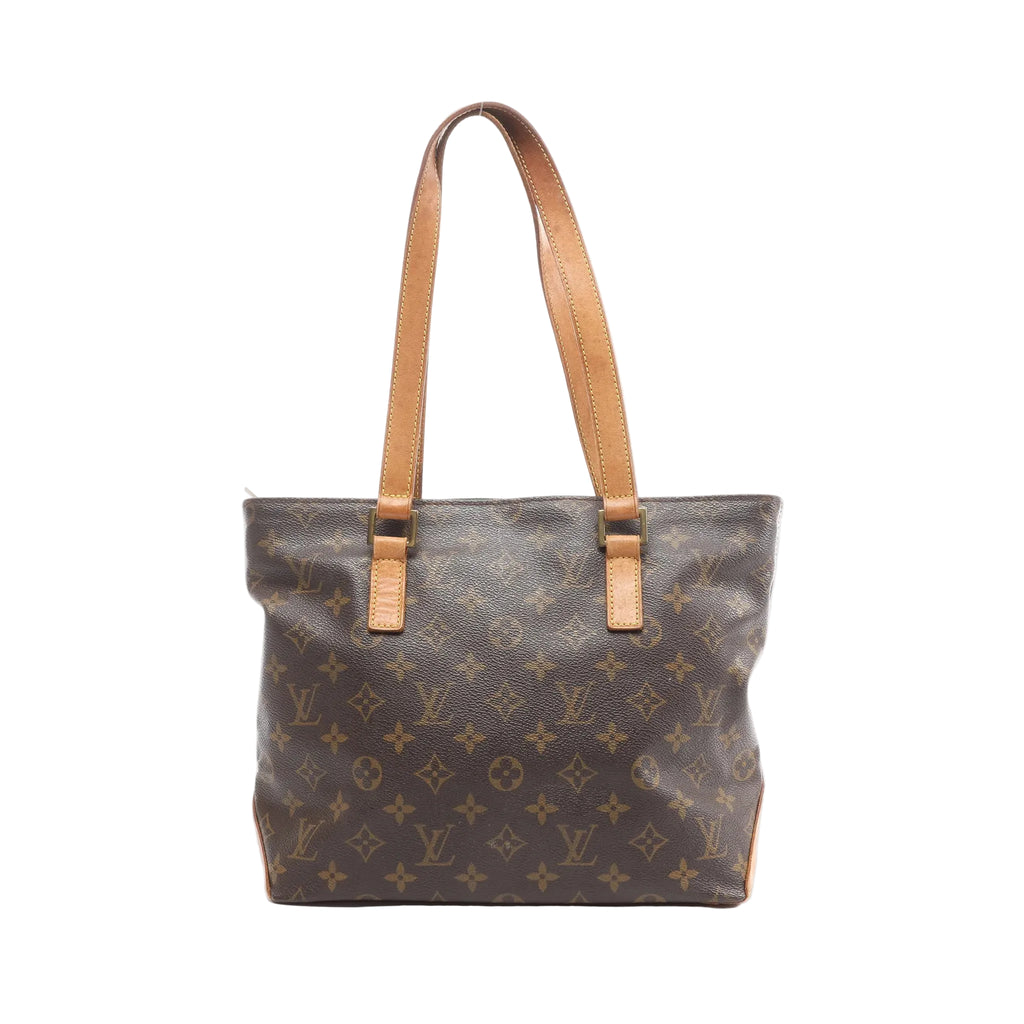 Louis Vuitton Cabas Piano shoulder bag in brown Monogram coated canvas with natural cowhide leather shoulder straps, leather trim, and gold-tone hardware on a white background.