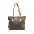Louis Vuitton Cabas Piano shoulder bag in brown Monogram coated canvas with natural cowhide leather shoulder straps, leather trim, and gold-tone hardware on a white background.