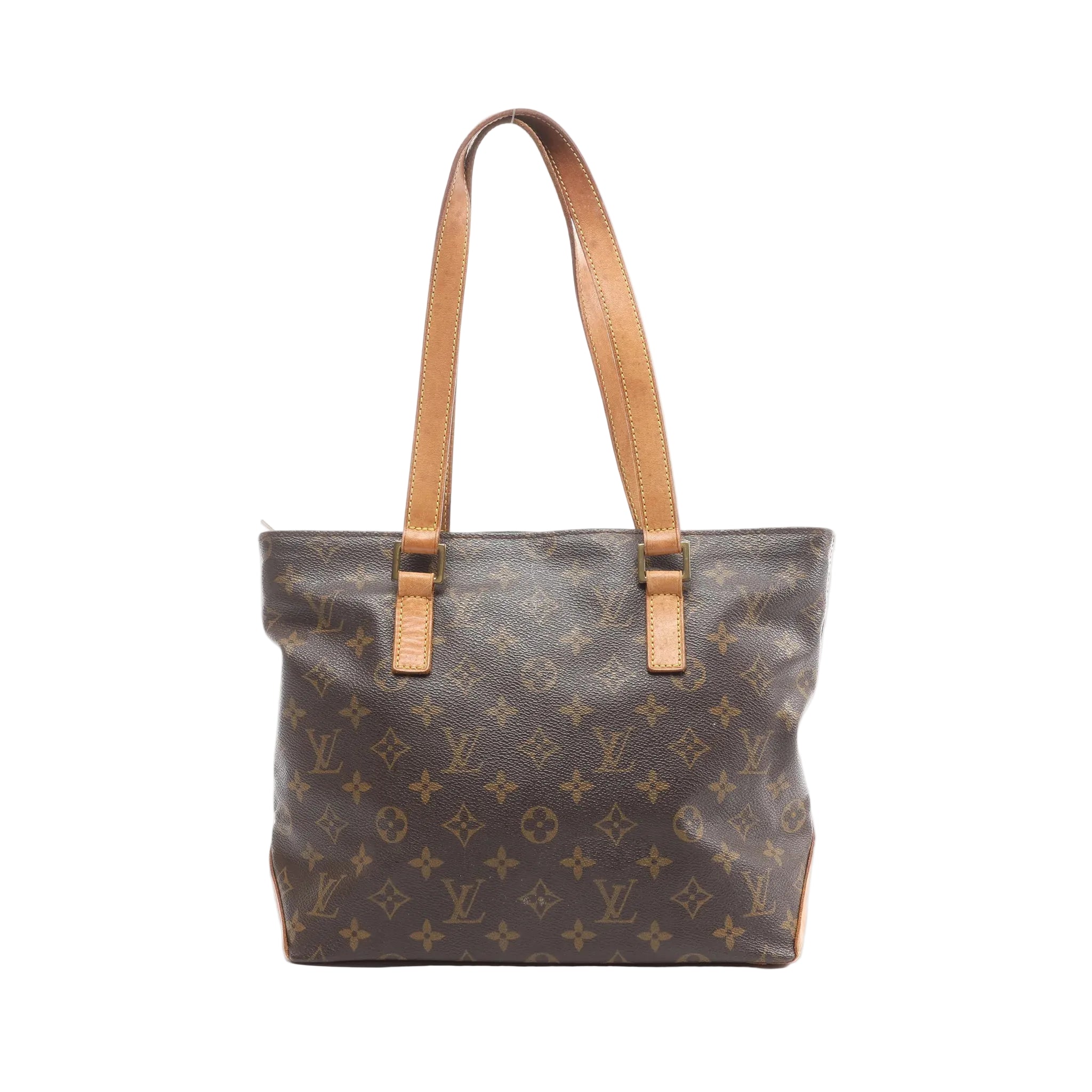 Louis Vuitton Cabas Piano shoulder bag in brown Monogram coated canvas with natural cowhide leather shoulder straps, leather trim, and gold-tone hardware on a white background.