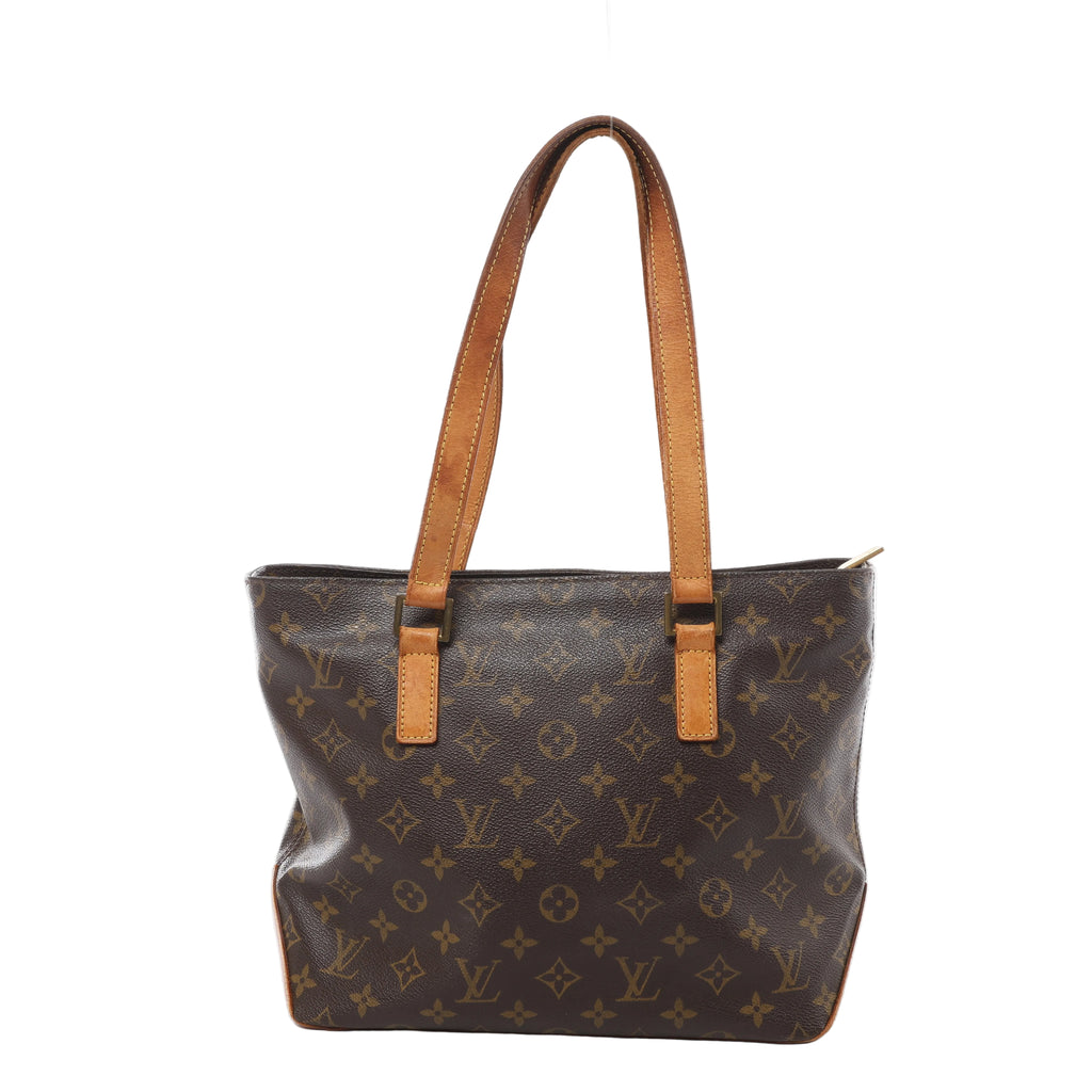 Brown Louis Vuitton Cabas Piano Monogram tote with two long tan leather shoulder straps, gold-tone fittings, leather base trim and a top zip closure.