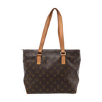 Brown Louis Vuitton Cabas Piano Monogram canvas shoulder bag with long tan straps, gold-tone hardware and LV monogram pattern, front view on white.