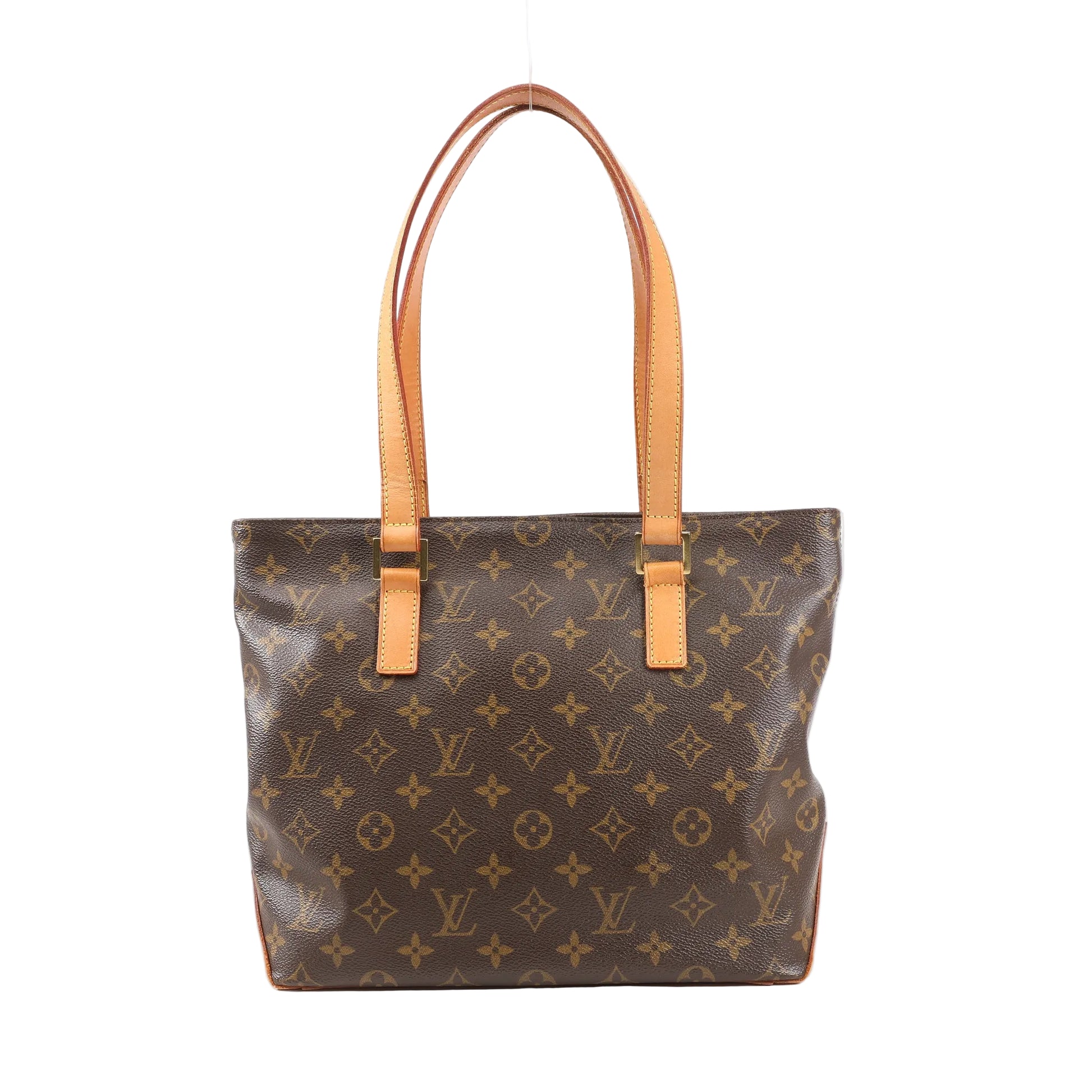 Louis Vuitton Cabas Piano Shoulder Bag M51148 in brown Monogram canvas with natural leather top handles and trim, featuring gold-tone hardware and structured tote silhouette.