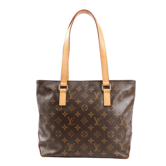 Louis Vuitton Monogram Cabas Piano shoulder bag featuring brown coated canvas with iconic LV monogram print, natural leather top handles, and gold-tone hardware. Model M51148.