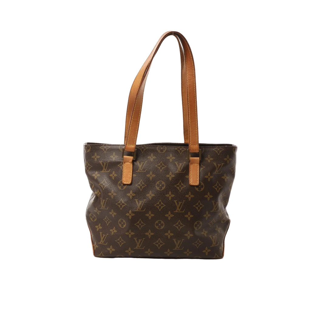 Louis Vuitton Cabas Piano tote in brown Monogram canvas with vachetta leather shoulder straps and gold-tone hardware, shown on a white background.