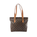 Louis Vuitton Cabas Piano tote in brown Monogram canvas with tan leather shoulder straps and gold-tone hardware on white background
