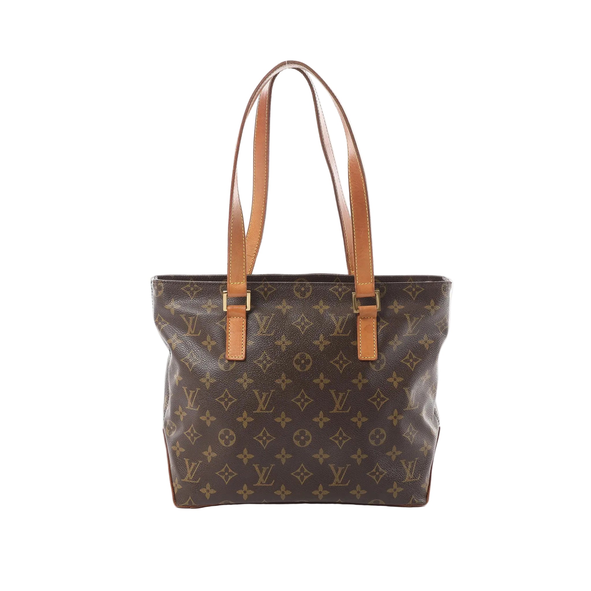 Louis Vuitton Cabas Piano tote in brown Monogram canvas with tan leather shoulder straps and gold-tone hardware on white background