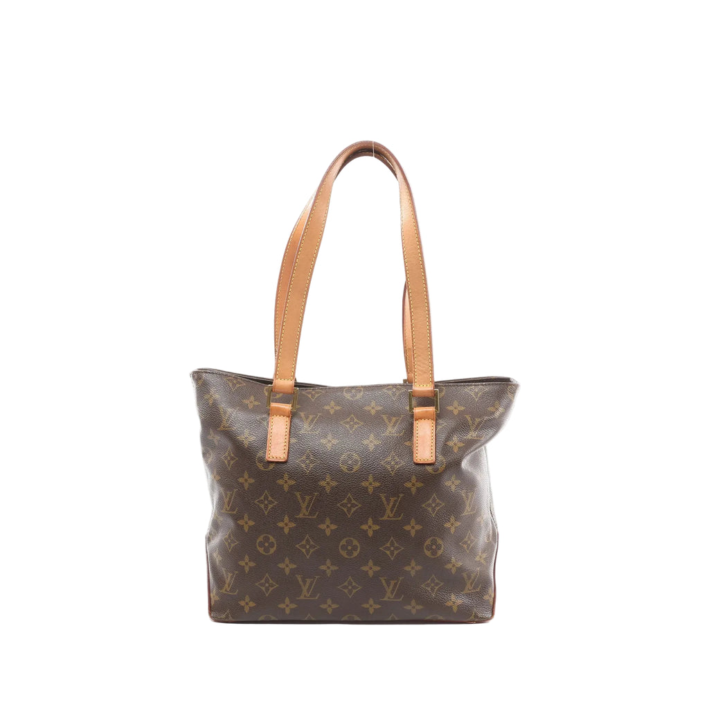 Louis Vuitton Cabas Piano tote in brown Monogram canvas with tan vachetta leather shoulder straps, front view on white background.