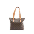 Louis Vuitton Cabas Piano tote in brown Monogram canvas with tan vachetta leather shoulder straps, front view on white background.