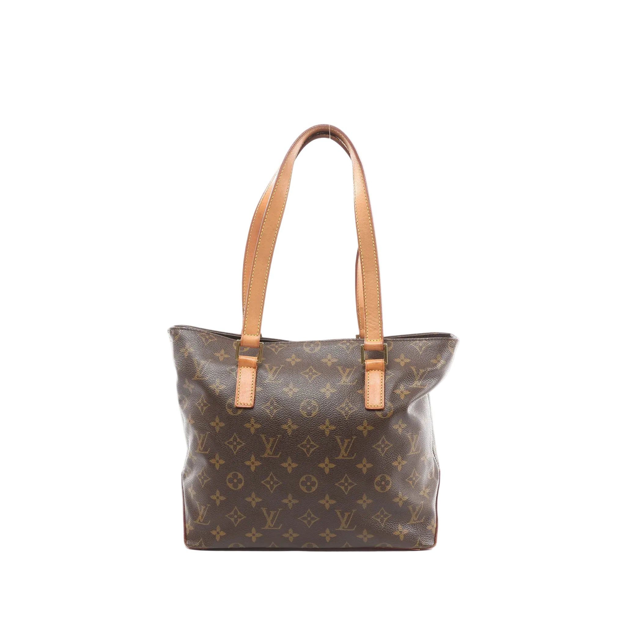 Louis Vuitton Cabas Piano tote in brown Monogram canvas with tan vachetta leather shoulder straps, front view on white background.