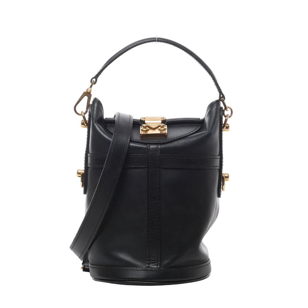 Black Louis Vuitton leather bucket bag with short top handle, long shoulder strap, structured base and gold-tone clasp hardware.
