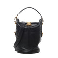 Black Louis Vuitton leather bucket bag with short top handle, long shoulder strap, structured base and gold-tone clasp hardware.