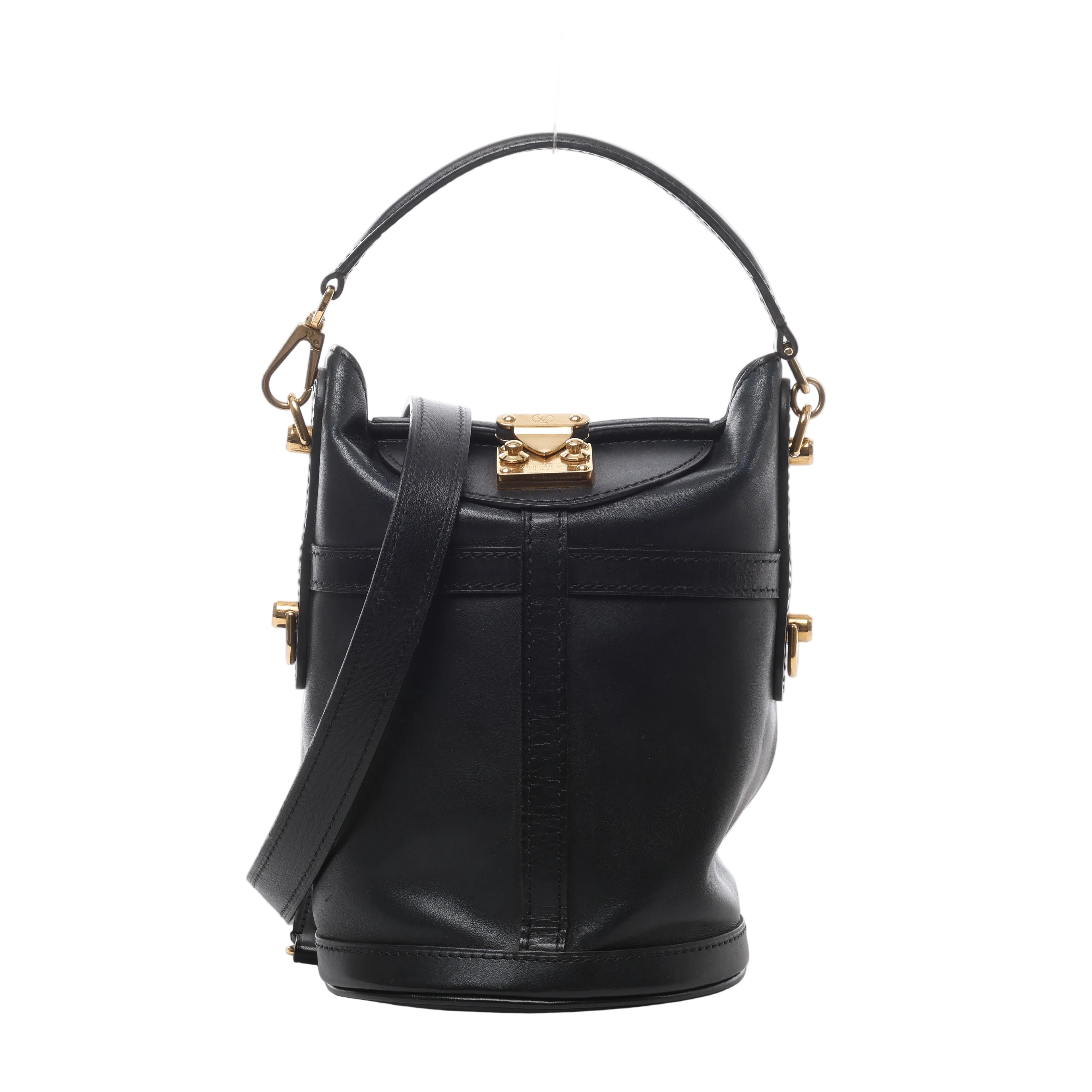 Black Louis Vuitton leather bucket bag with short top handle, long shoulder strap, structured base and gold-tone clasp hardware.
