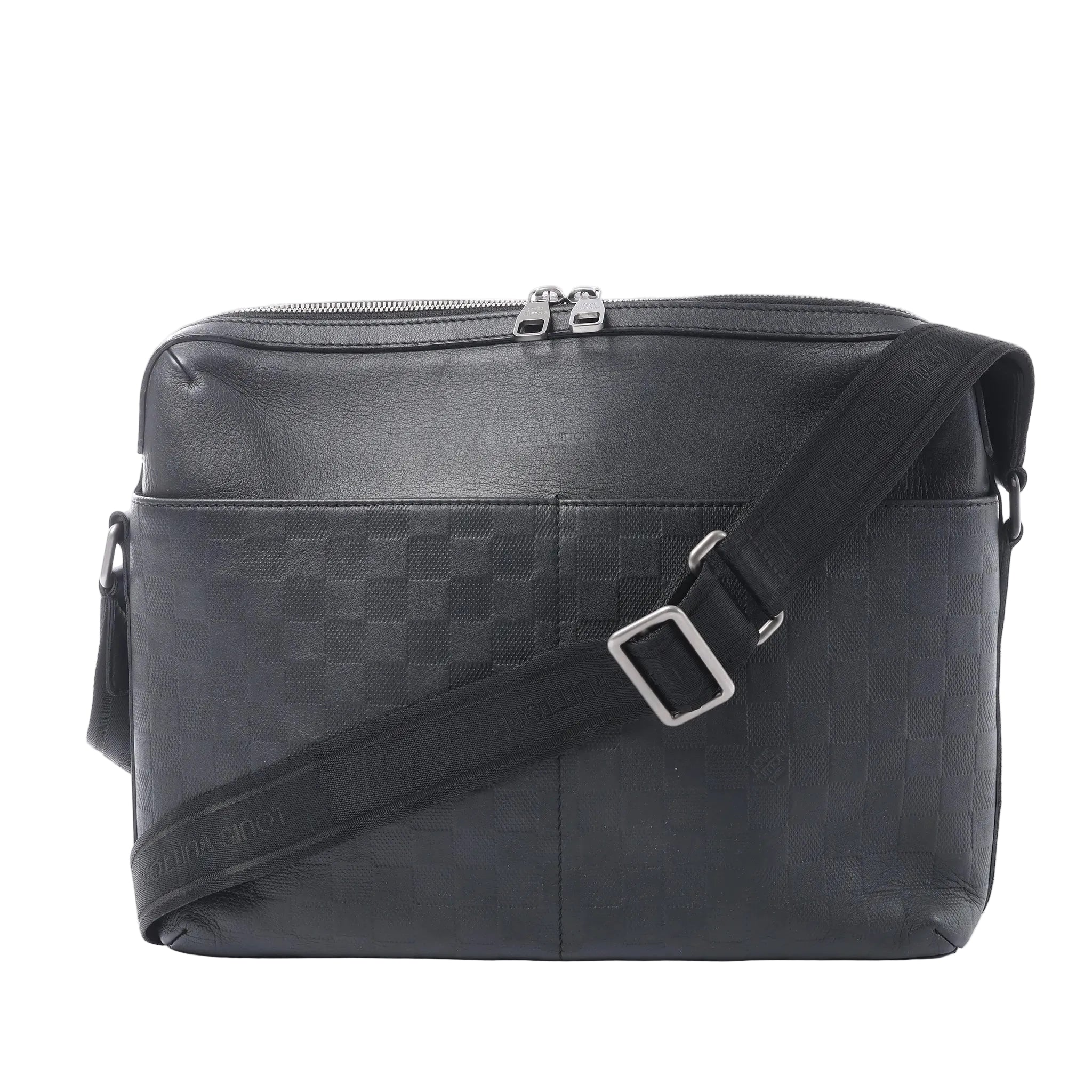 Louis Vuitton Calypso MM black Damier Infini leather messenger bag with smooth leather trim, double zip closure and adjustable logo strap.