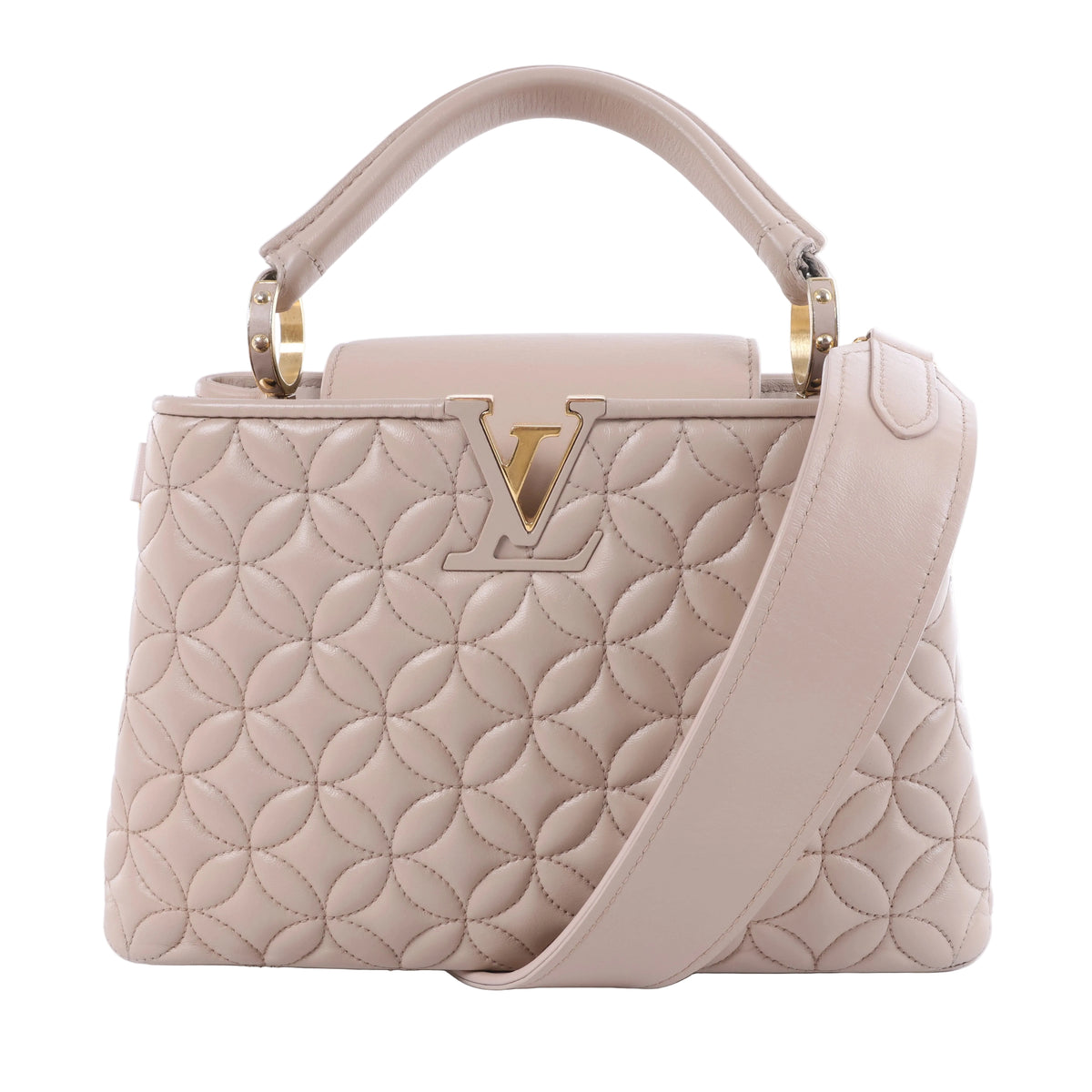 Louis Vuitton Capucines BB beige quilted leather handbag with floral stitching, gold-tone LV closure, top handle and wide shoulder strap.
