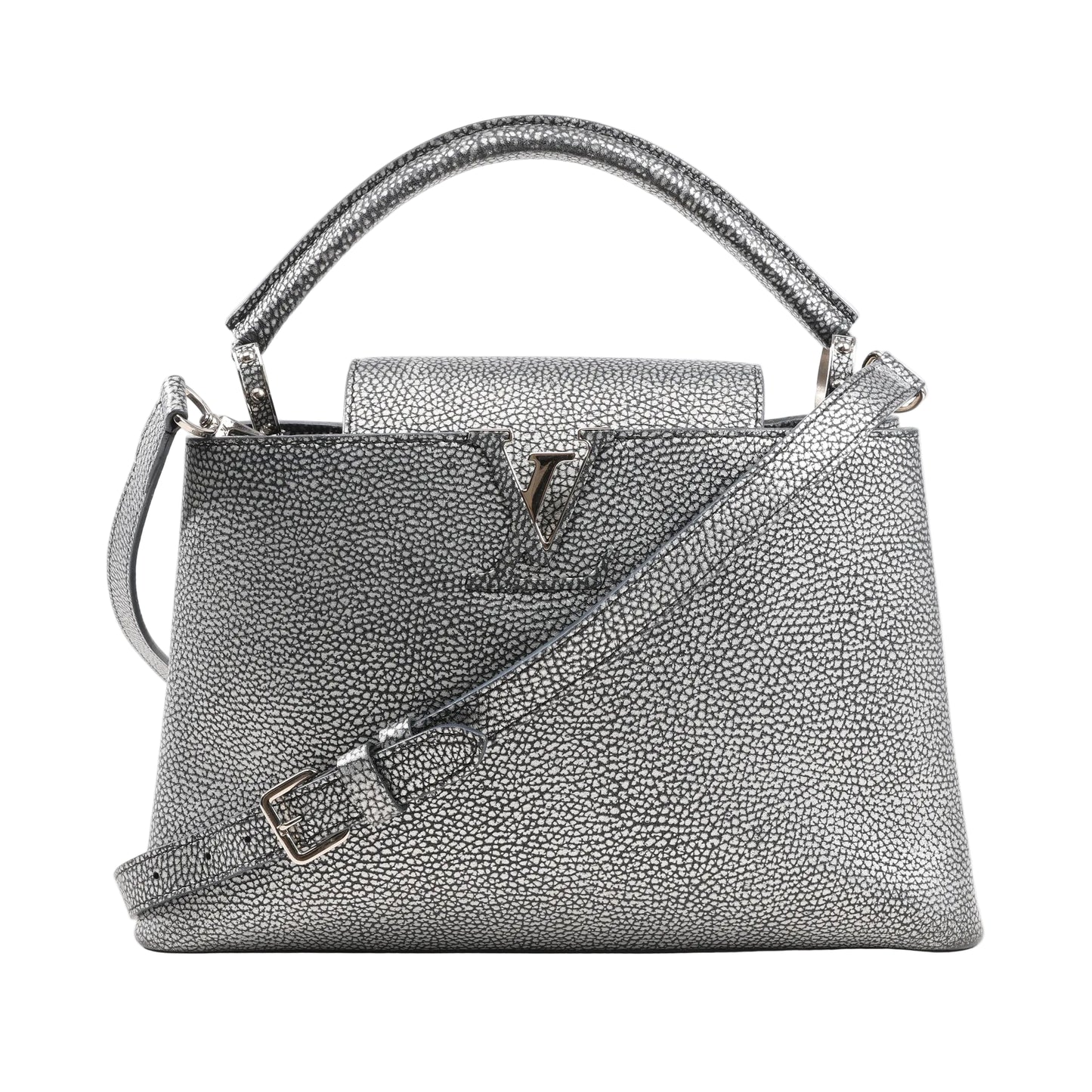 Louis Vuitton Capucines PM 2Way handbag in metallic silver Taurillon leather featuring a structured shape, top handle, detachable shoulder strap, and LV logo hardware on the front flap.