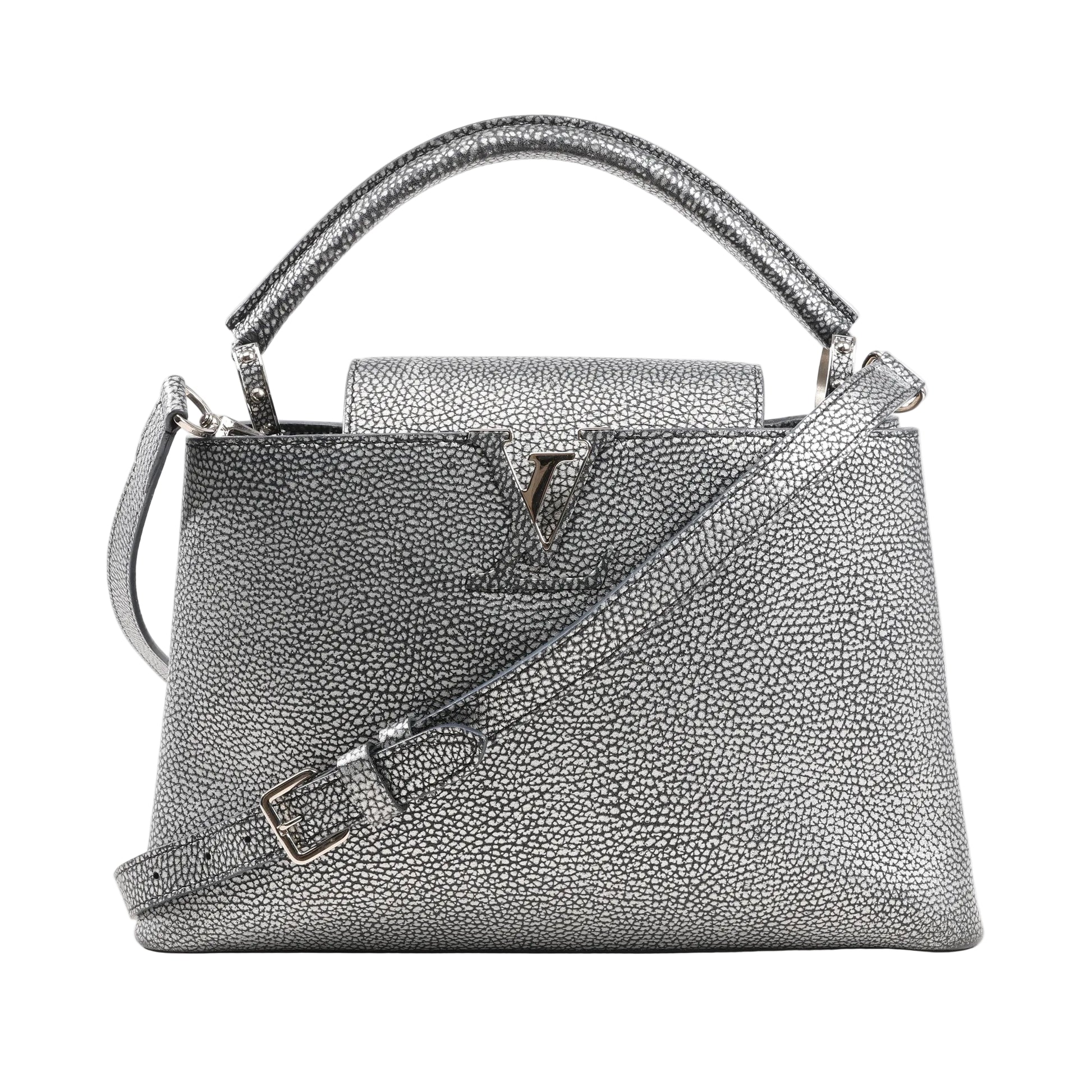 Louis Vuitton Capucines PM 2Way handbag in metallic silver Taurillon leather featuring a structured shape, top handle, detachable shoulder strap, and LV logo hardware on the front flap.