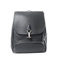 Louis Vuitton Cassiar black Taiga leather backpack with flap closure, silver-tone LV clasp, and front zip pocket on white background