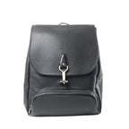 Louis Vuitton Cassiar black Taiga leather backpack with flap closure, silver-tone LV clasp, and front zip pocket on white background