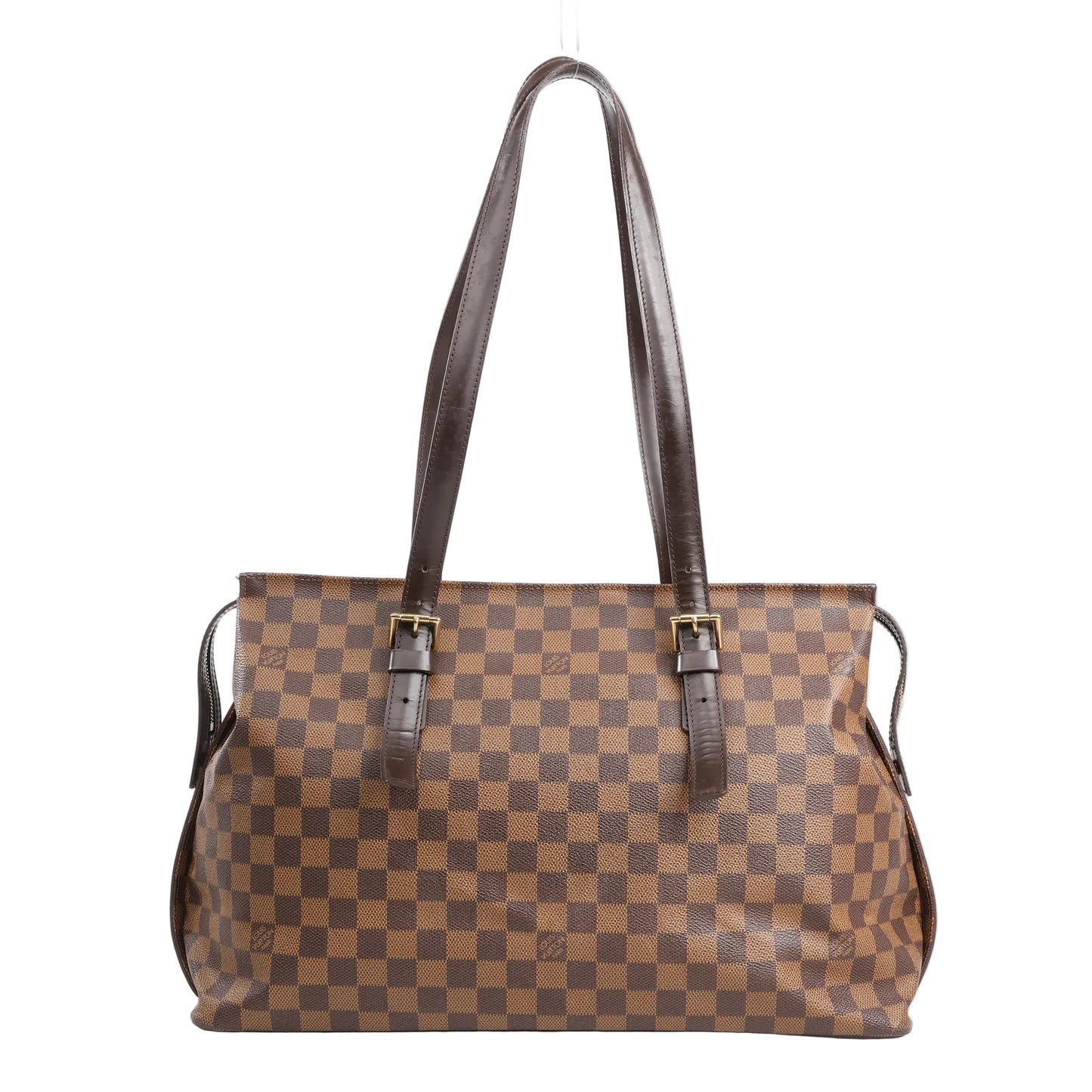 Louis Vuitton Chelsea shoulder bag in brown Damier Ebene coated canvas with dual adjustable leather shoulder straps, gold-tone hardware, and a spacious rectangular silhouette.