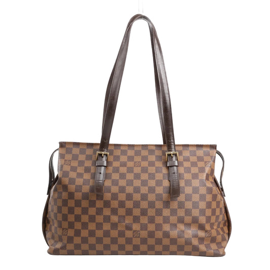 Louis Vuitton Chelsea shoulder bag in brown Damier Ebene coated canvas with dual adjustable leather shoulder straps, gold-tone hardware, and a spacious rectangular silhouette.