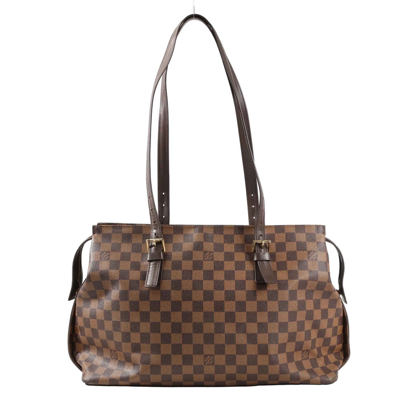 Louis Vuitton Chelsea N51119 shoulder bag in brown Damier Ebene coated canvas with dark brown leather adjustable shoulder straps, gold-tone buckle hardware, and a softly structured rectangular silhouette.