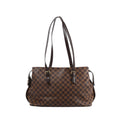 Brown Louis Vuitton Chelsea Damier Ebene shoulder bag with long dark leather straps, buckle details and gold-tone hardware.