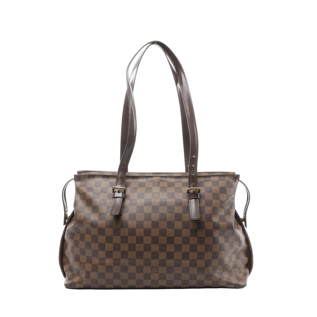 Louis Vuitton Chelsea Damier Ebene shoulder bag in brown checkered canvas with two long dark leather shoulder straps featuring small buckle details, shown on a white background.