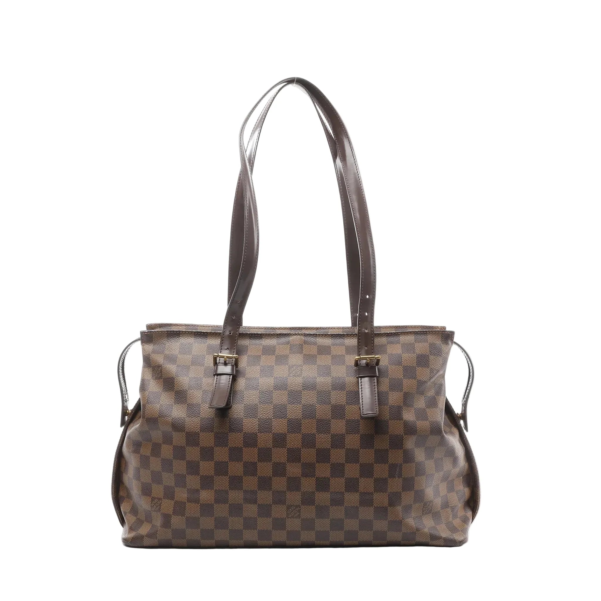 Louis Vuitton Chelsea Damier Ebene shoulder bag in brown checkered canvas with two long dark leather shoulder straps featuring small buckle details, shown on a white background.