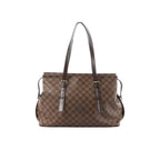 Louis Vuitton Chelsea shoulder bag in brown Damier Ebene check canvas with long dark leather shoulder straps and gold-tone buckle hardware on a white background.